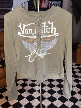 Von Dutch Olive Green Lace-Up Graphic Long Sleeve Top